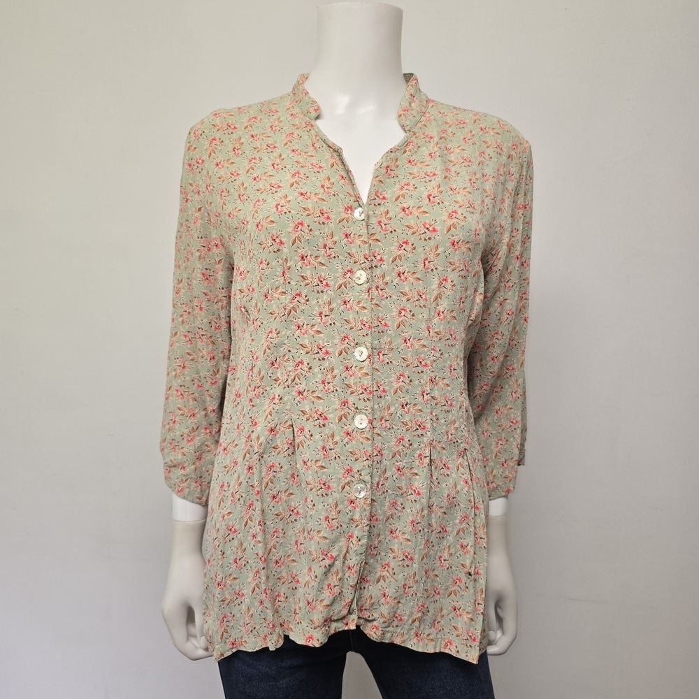 April Cornell Vintage Blouse Top Size S Green Floral Button Up Cottage Pleats